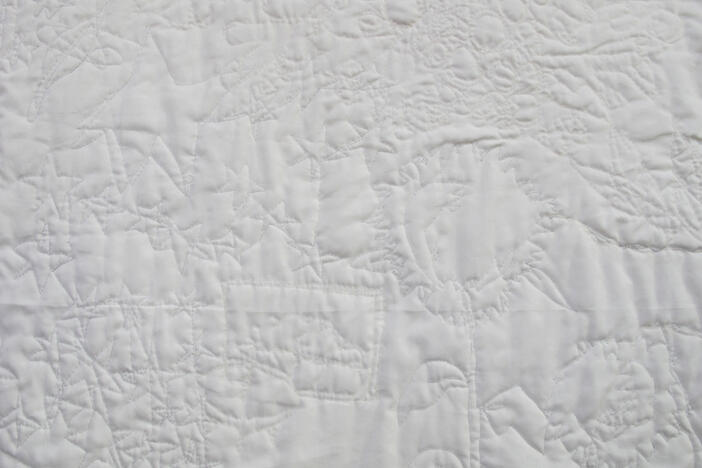 "When My Wandering Meanderings Have Finally Reached Their End," 2025. Quilt. 6' x 7'.