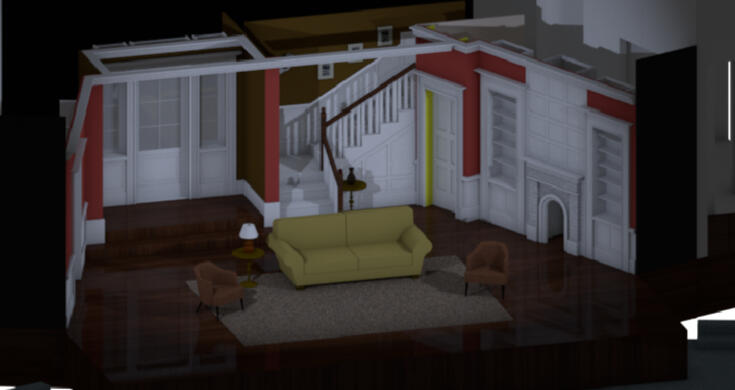 Constructed digital set for &quot;Death by Design&quot; from set designer plans. 2023.