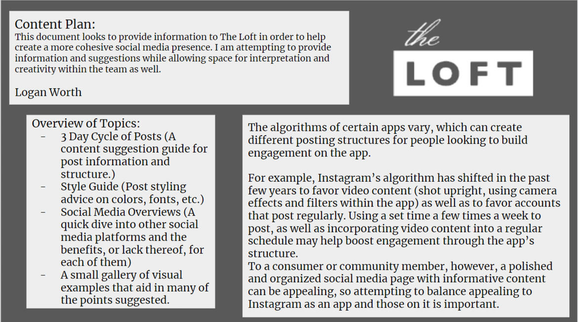 "Content Plan" Opening page for The Loft. 2022.